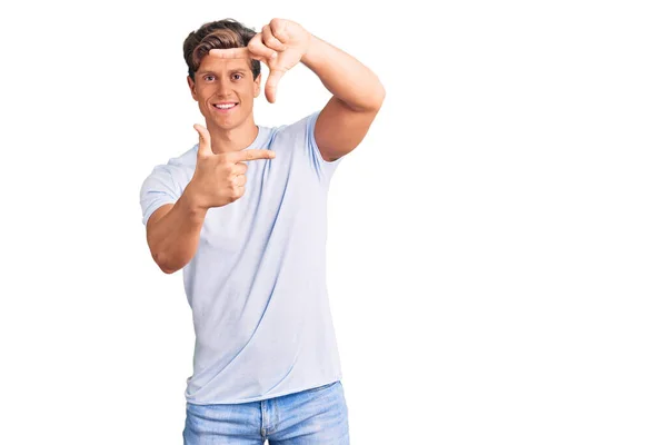 Young Handsome Man Wearing Casual Clothes Smiling Making Frame Hands — Stock Photo, Image