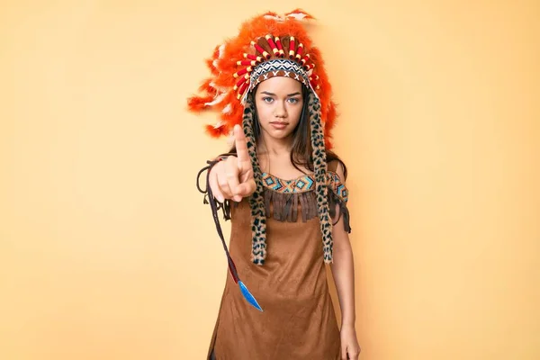 Young Beautiful Latin Girl Wearing Indian Costume Pointing Finger Angry — Stock Photo, Image