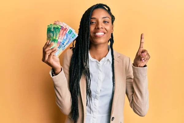 Femme Afro Américaine Tenant Des Billets Banque Rand Sud Africain — Photo