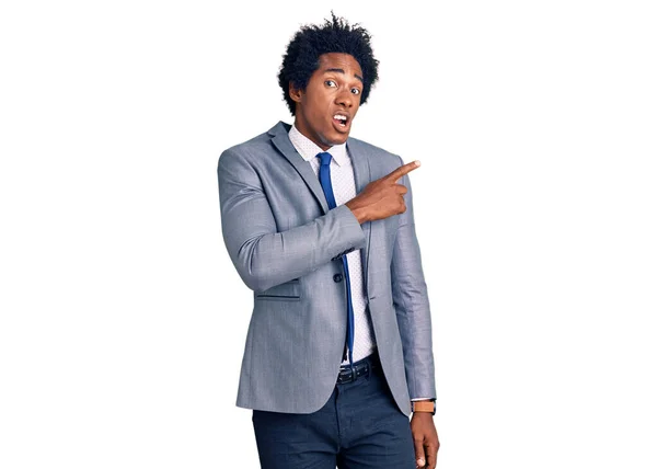 Handsome African American Man Afro Hair Wearing Business Jacket Pointing — Stock Photo, Image