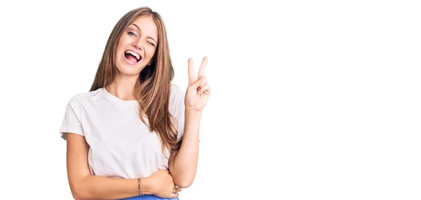 Jovem Mulher Loira Bonita Vestindo Estilo Verão Sorrindo Com Rosto — Fotografia de Stock