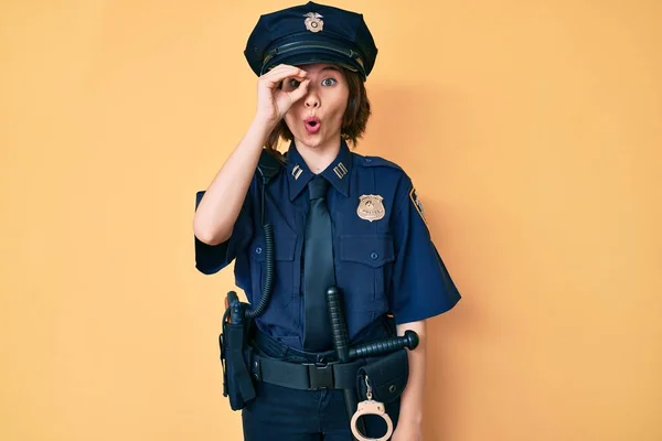 Young Beautiful Woman Wearing Police Uniform Doing Gesture Shocked Surprised — Stock Photo, Image