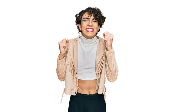 Handsome Man Wearing Make Woman Clothes Excited Success Arms Raised — Stock Photo, Image