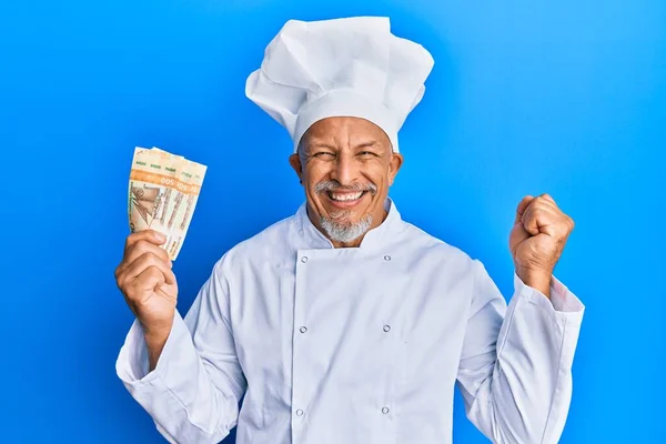 Middle Age Grey Haired Man Wearing Professional Cook Uniform Holding — Stock Photo, Image