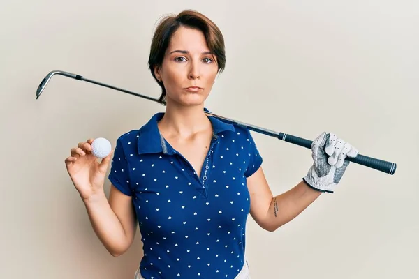 Young Brunette Woman Short Hair Holding Ball Golf Club Depressed — Stock Photo, Image