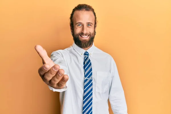 Handsome Man Beard Long Hair Wearing Business Clothes Smiling Friendly — Stock Photo, Image