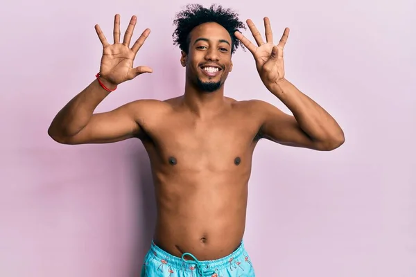 Young African American Man Beard Wearing Swimsuit Showing Pointing Fingers — ストック写真