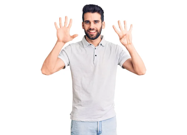 Jeune Homme Beau Avec Barbe Portant Polo Décontracté Montrant Pointant — Photo