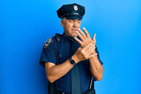 Handsome Middle Age Mature Man Wearing Police Uniform Suffering Pain — Stock fotografie