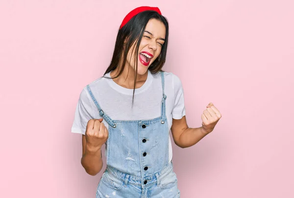 Young Hispanic Girl Wearing Casual Clothes Excited Success Arms Raised — Stock Photo, Image