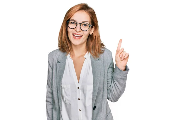 Young Caucasian Woman Wearing Business Style Glasses Pointing Finger Successful — Stock Photo, Image