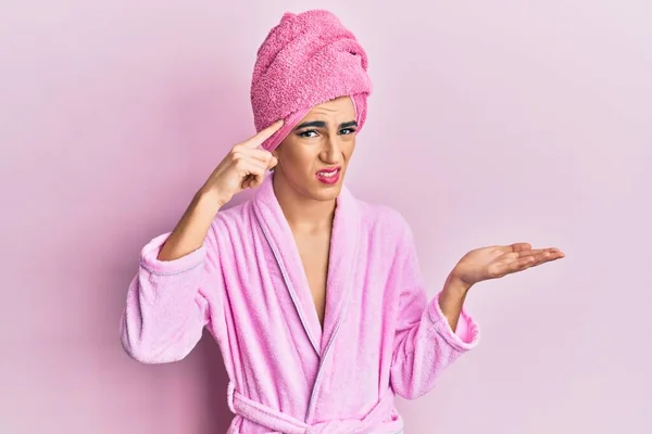 Young Man Wearing Woman Make Wearing Shower Towel Head Bathrobe — Stock Photo, Image