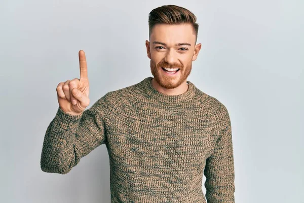 Young Redhead Man Wearing Casual Winter Sweater Smiling Idea Question — Stockfoto