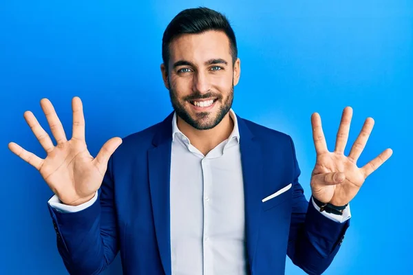 Young Hispanic Businessman Wearing Business Jacket Showing Pointing Fingers Number — Stock Photo, Image