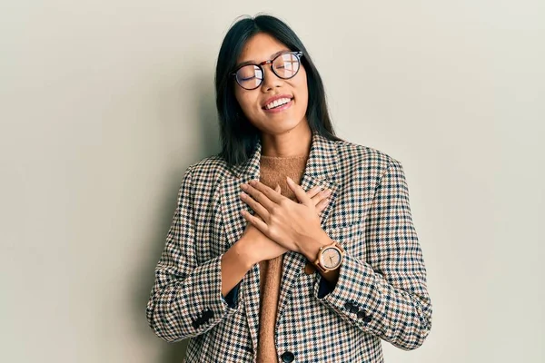 Young Chinese Woman Wearing Business Style Glasses Smiling Hands Chest — Stock Photo, Image