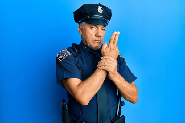 Handsome Middle Age Mature Man Wearing Police Uniform Holding Symbolic — Φωτογραφία Αρχείου