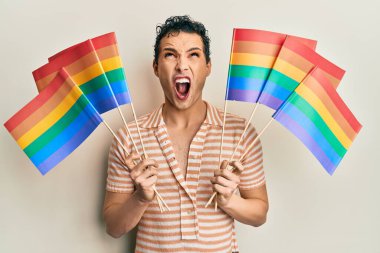 Elinde gökkuşağı lgbtq bayrakları olan yakışıklı bir adam kızgın ve kızgın bağırıyor sinirli ve öfkeli, öfkeyle bağırıyor.. 