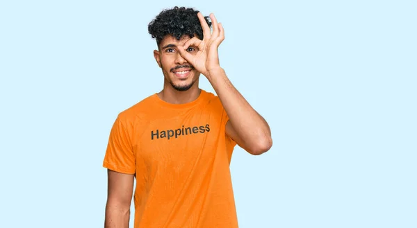 Young Arab Man Wearing Tshirt Happiness Word Message Doing Gesture — Stock Fotó