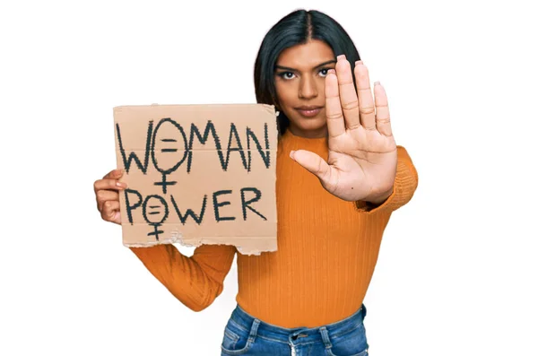 Young Latin Transsexual Transgender Woman Holding Woman Power Banner Open — Foto de Stock