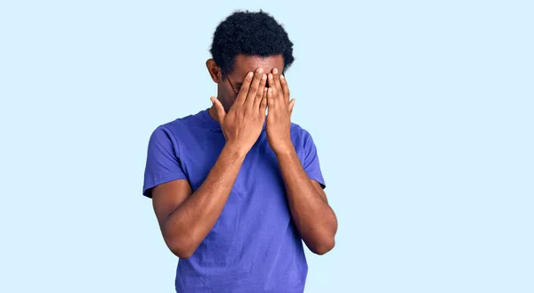 African Handsome Man Wearing Casual Clothes Glasses Sad Expression Covering — Stock Photo, Image