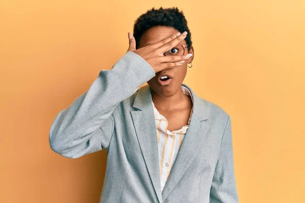 Young African American Girl Wearing Business Jacket Glasses Peeking Shock — Stok fotoğraf