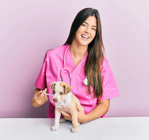 Junge Hispanische Tierärztin Lächelt Glücklich Als Sie Kleinen Hund Der — Stockfoto