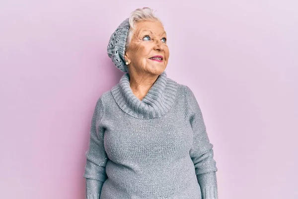 Senior Grey Haired Woman Wearing Wool Sweater Winter Hat Looking — Stock Fotó