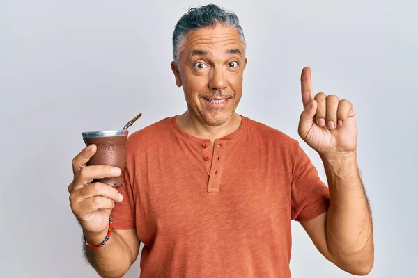 Handsome Middle Age Mature Man Drinking Mate Infusion Smiling Idea — Φωτογραφία Αρχείου