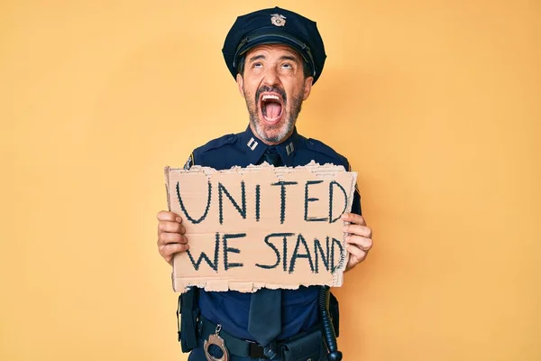 Middle Age Hispanic Man Wearing Police Uniform Holding United Stand — Φωτογραφία Αρχείου