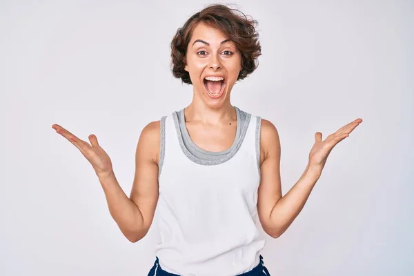 Young Hispanic Woman Wearing Sportswear Celebrating Victory Happy Smile Winner — Stock Photo, Image