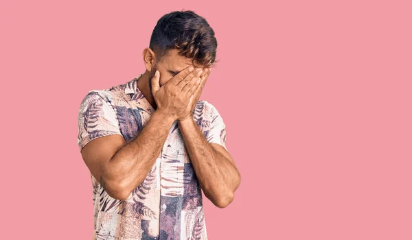 Young Hispanic Man Wearing Summer Clothes Sad Expression Covering Face — Stock Photo, Image