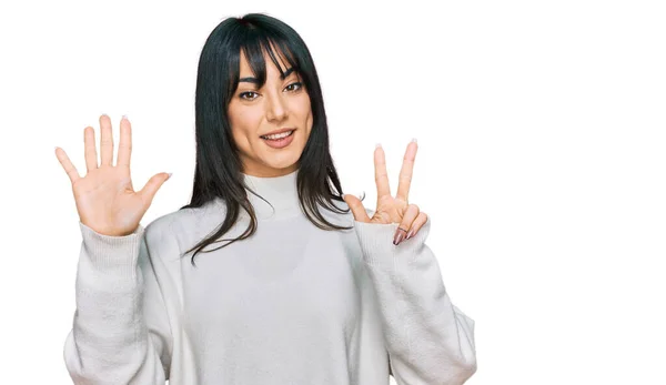 Young Brunette Woman Bangs Wearing Casual Turtleneck Sweater Showing Pointing — ストック写真