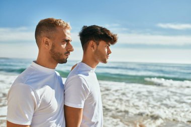 Ciddi ifadeleri olan genç eşcinsel bir çift sahile bakıyor..