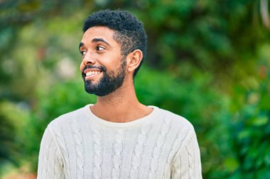 Genç Afrikalı Amerikalı adam parkta mutlu bir şekilde dikiliyor..