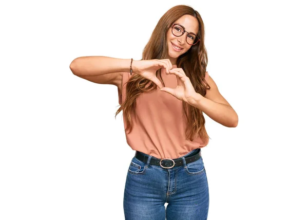 Young Hispanic Woman Wearing Casual Clothes Glasses Smiling Love Doing — Stock Photo, Image
