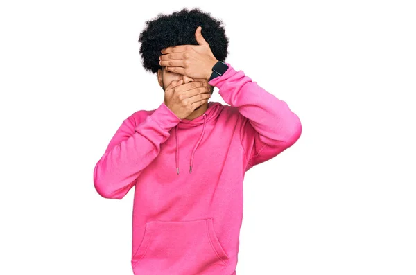 Young African American Man Afro Hair Wearing Casual Pink Sweatshirt — Stock Photo, Image