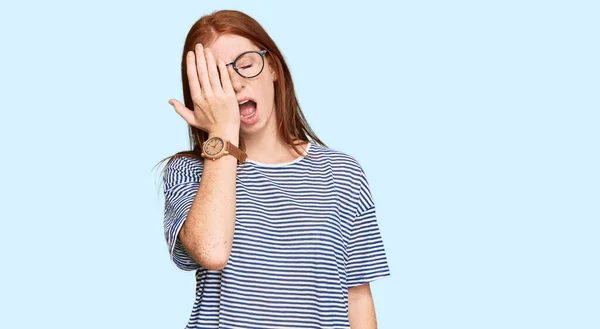 Young Read Head Woman Wearing Casual Clothes Glasses Yawning Tired — Stock Photo, Image