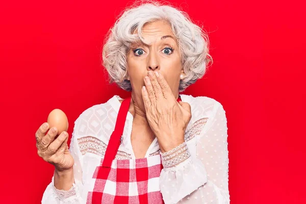 Senior Grey Haired Woman Wearing Apron Holding Egg Covering Mouth — Foto Stock