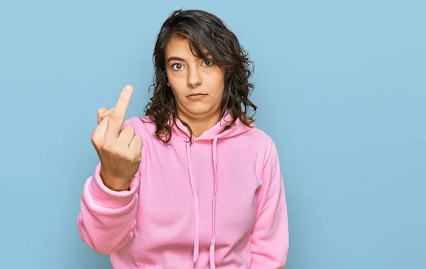 Young Hispanic Woman Wearing Casual Sweatshirt Showing Middle Finger Impolite — Foto de Stock