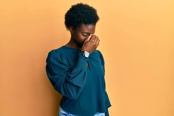 Young African American Girl Wearing Casual Clothes Tired Rubbing Nose — Stock Photo, Image