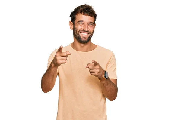 Handsome Young Man Beard Wearing Casual Tshirt Pointing Fingers Camera — Stock Photo, Image