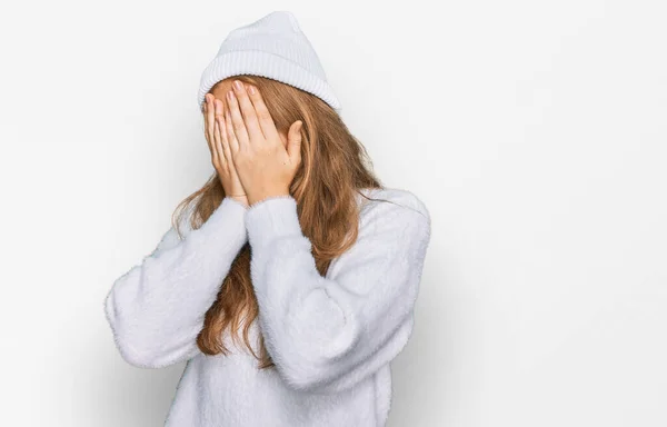 Young Caucasian Girl Wearing Wool Sweater Winter Cap Sad Expression — Stock Photo, Image