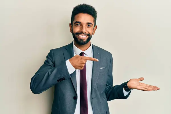 Handsome Hispanic Man Beard Wearing Business Suit Tie Amazed Smiling — Stock Photo, Image