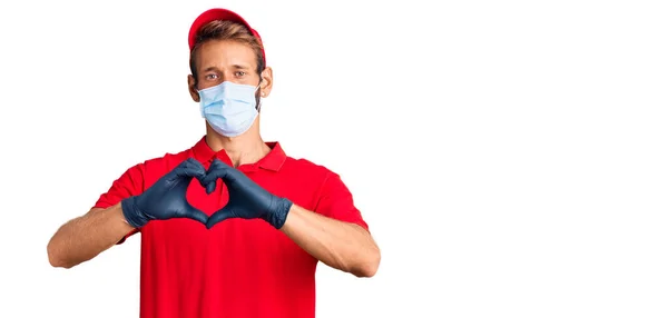 Handsome Blond Man Beard Wearing Delivery Uniform Medical Mask Smiling — Stock Photo, Image