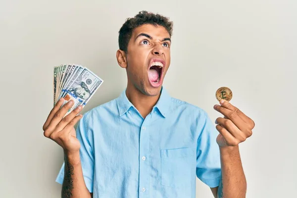 Young Handsome African American Man Holding Virtual Currency Bitcoin Dollars — Stock Photo, Image