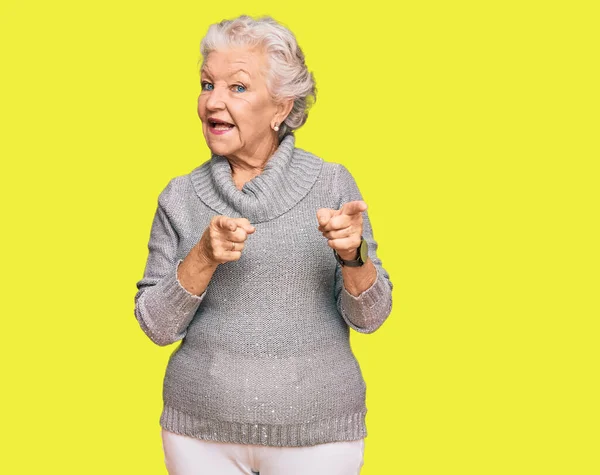 Senior Grey Haired Woman Wearing Casual Winter Sweater Pointing Fingers — Stock Photo, Image