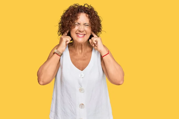 Beautiful Middle Age Mature Woman Wearing Casual White Shirt Covering — Stock Photo, Image