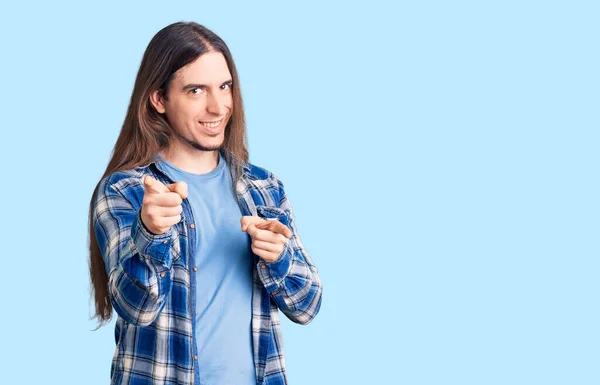 Young Adult Man Long Hair Wearing Casual Shirt Pointing Fingers — Stock Photo, Image
