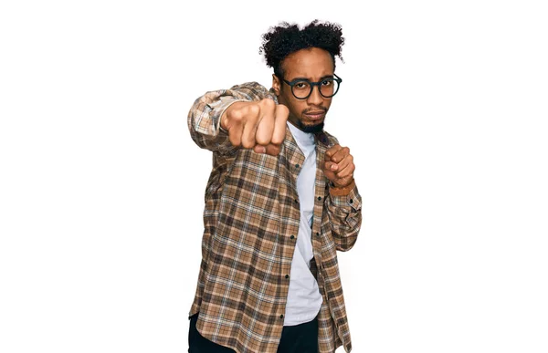Young African American Man Beard Wearing Casual Clothes Glasses Punching — Stock Photo, Image