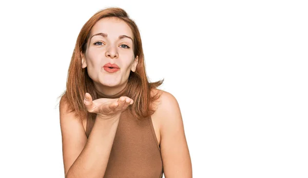 Young Caucasian Woman Wearing Casual Clothes Looking Camera Blowing Kiss — Stock Photo, Image